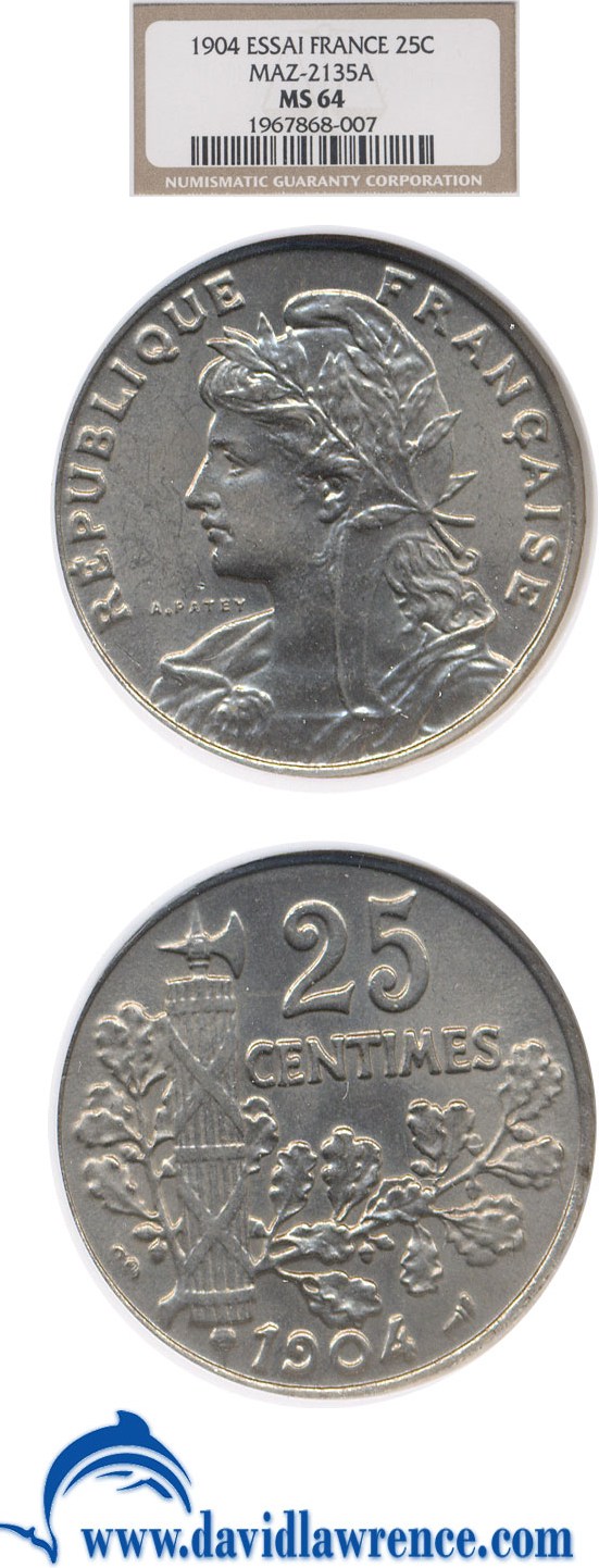 image for: France: 1904 Essai  25 Centime NGC MS64 