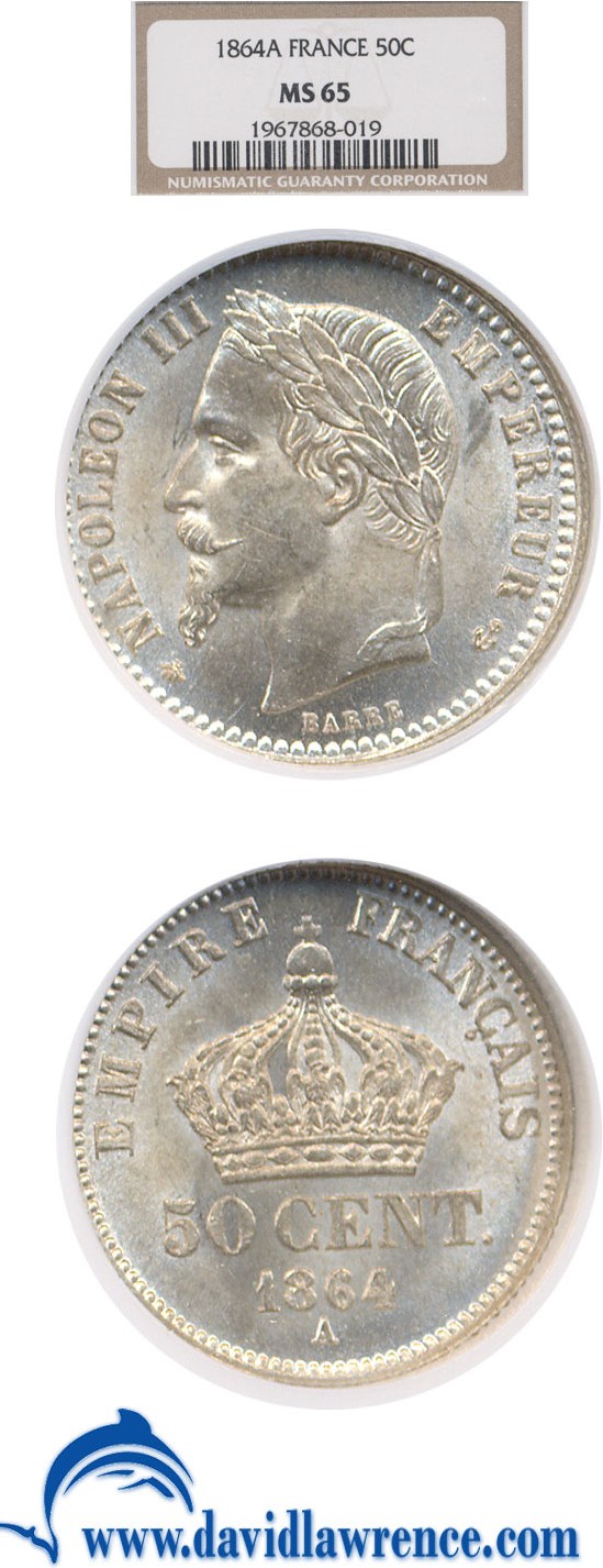 image for: France: 1864-A 50 Centime  NGC MS65 