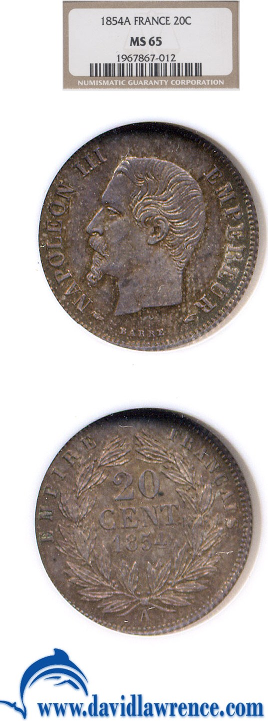 image for: France: 1854-A 20 Centime  NGC MS65   