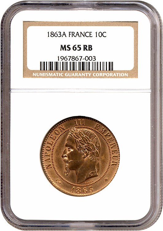 image for: France: 1863-A 10 Centime  NGC MS65 RB