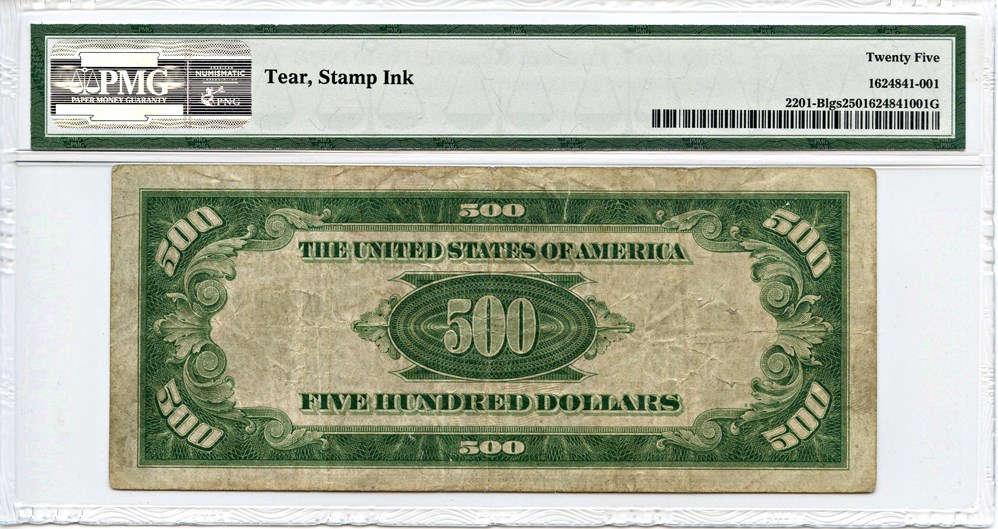 image for: FR. 2201-Blgs 1928 $500 Federal Reserve Note New York PMG Net Very Fine 25 (Tear, Stamp Ink)