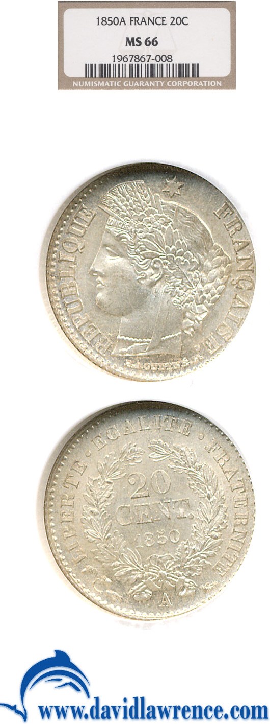 image for: France: 1850-A 20 Centime  NGC MS66   