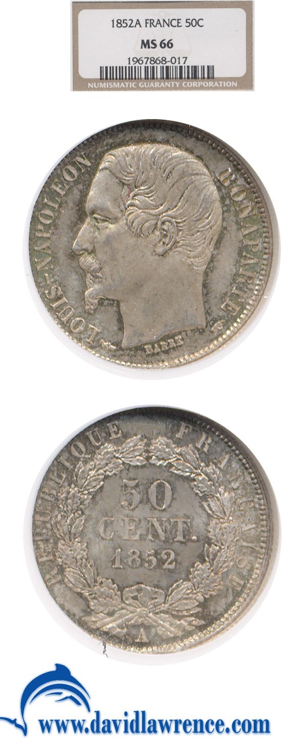 image for: France: 1852-A 50 Centime  NGC MS66   