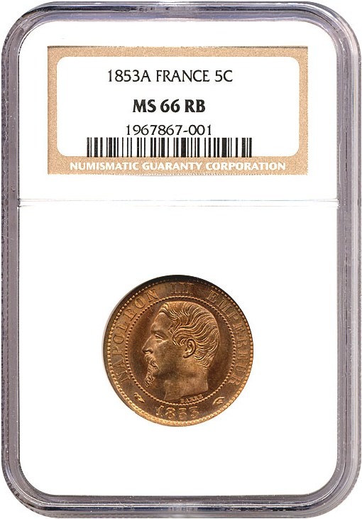 image for: France: 1853-A 5 Centime  NGC MS66 RB