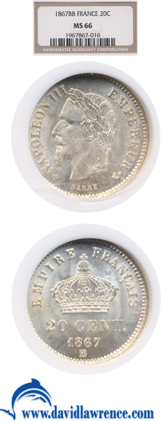 image for: France: 1867-BB 20 Centime  NGC MS66