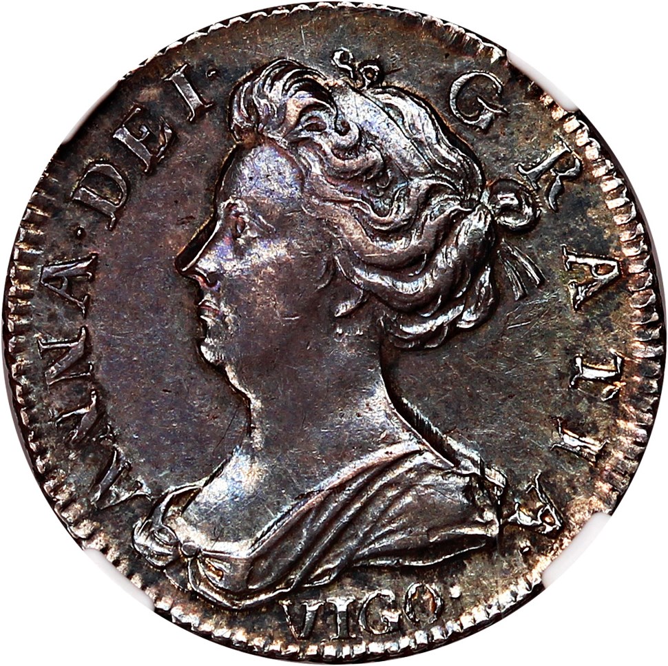 image for: England: 1703 Vigo Sixpence NGC AU55 (Esc-1582)
