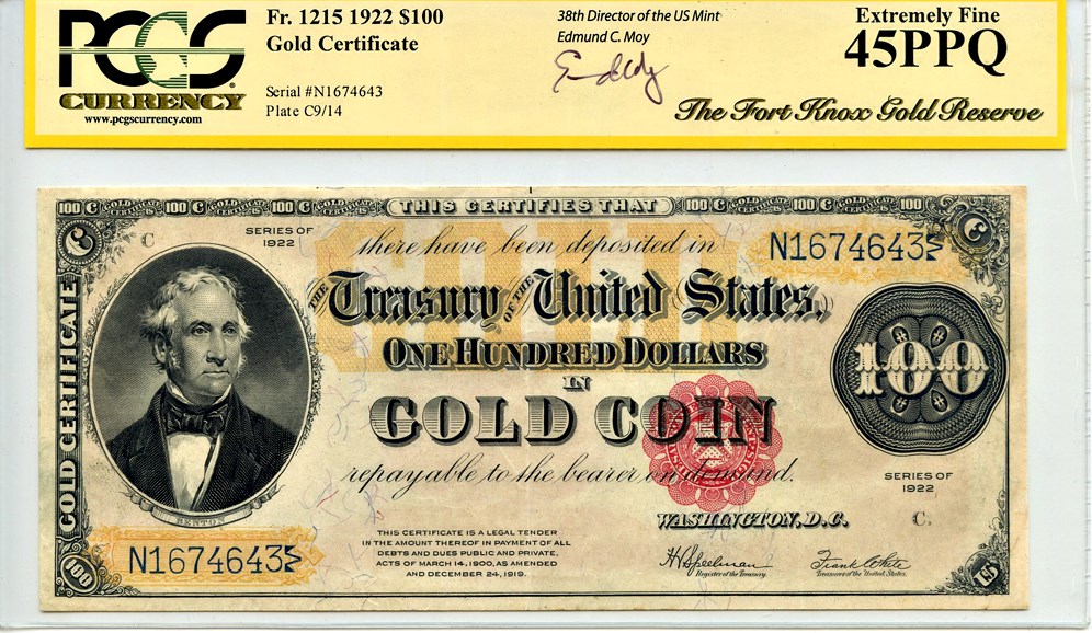 image for: FR. 1215 1922 $100 Gold Cert PCGS Extremely Fine 45 PPQ (Moy Signature)