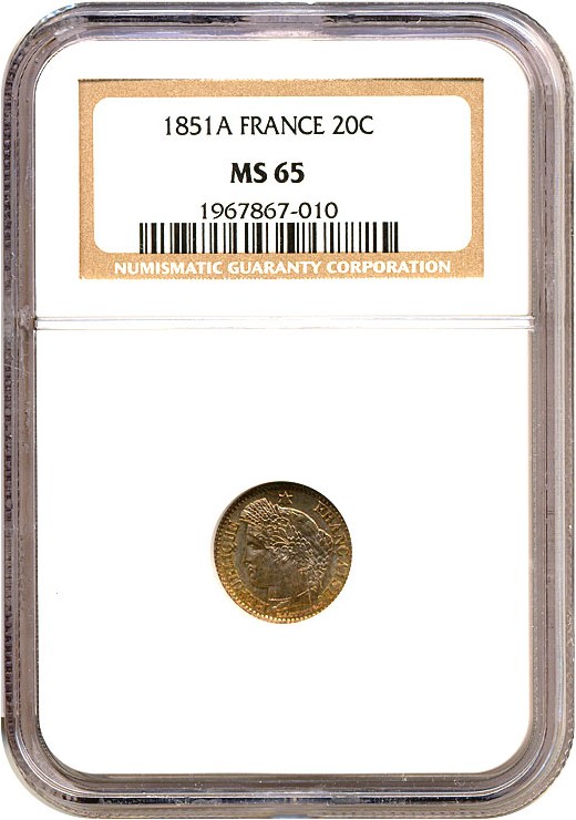image for: France: 1851-A 20 Centime  NGC MS65   