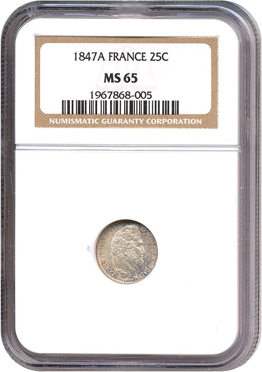 image for: France: 1847-A 25 Centime  NGC MS65   