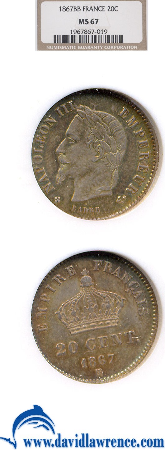 image for: France: 1867-BB 20 Centime  NGC MS67 * Color *