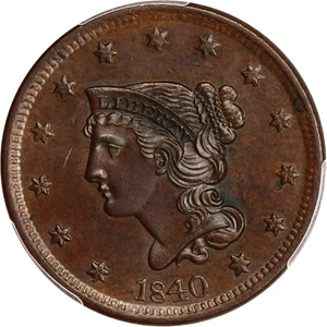 image for: 1840 1c PCGS/CAC MS64 BN (Large Date, N-8)