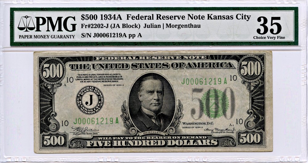 image for: FR. 2202J 1934A $500 Federal Reserve Note Kansas City PMG Very Fine 35