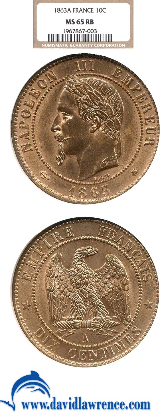 image for: France: 1863-A 10 Centime  NGC MS65 RB