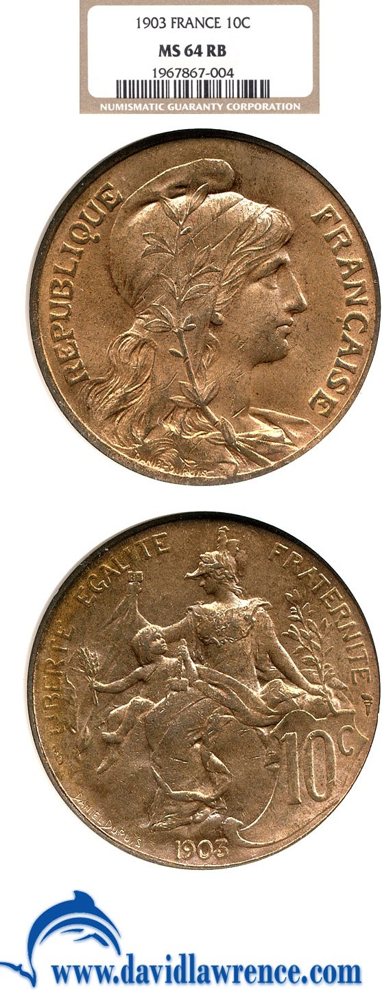image for: France: 1903 10 Centime  NGC MS64 RB