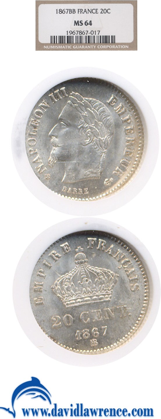 image for: France: 1867-BB 20 Centime  NGC MS64   
