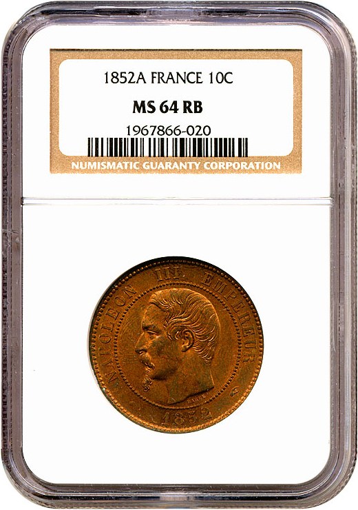 image for: France: 1852-A 10 Centime  NGC MS64 RB