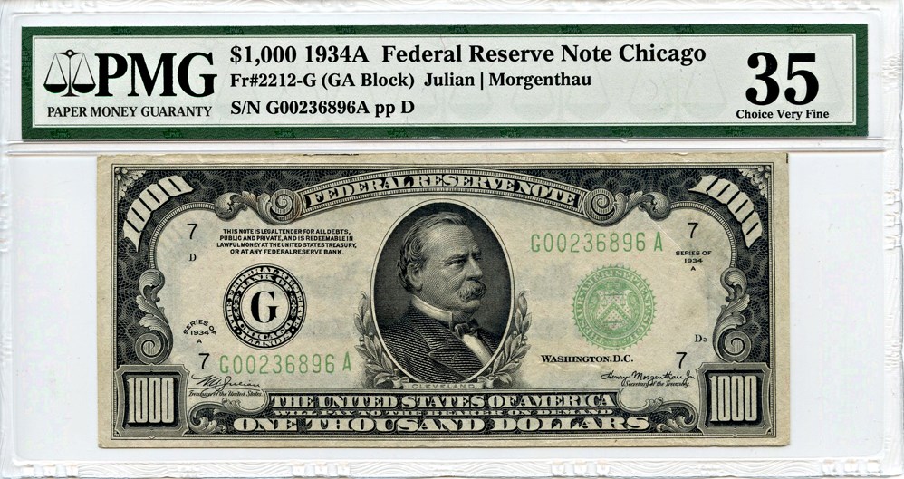image for: FR. 2212G 1934A $1000 Federal Reserve Note Chicago PMG Very Fine 35