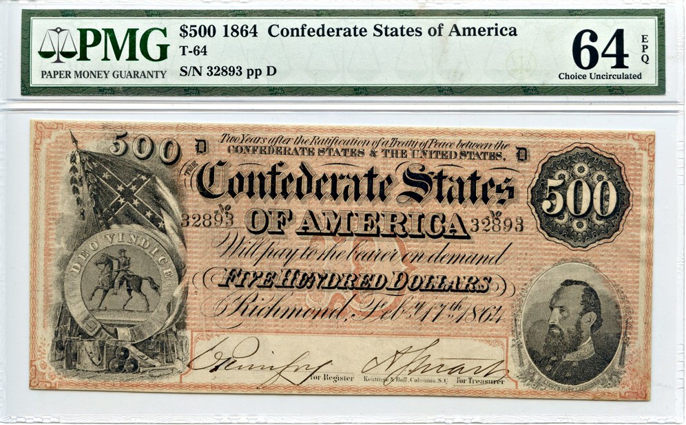 image for: FR. T64 1864 $500 Confederate States of America PMG Choice Unc 64 EPQ