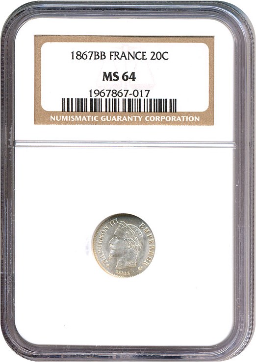 image for: France: 1867-BB 20 Centime  NGC MS64   