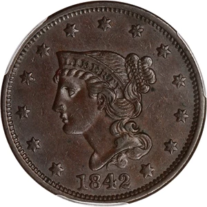 image for: 1842 1c PCGS AU53 (Large Date)