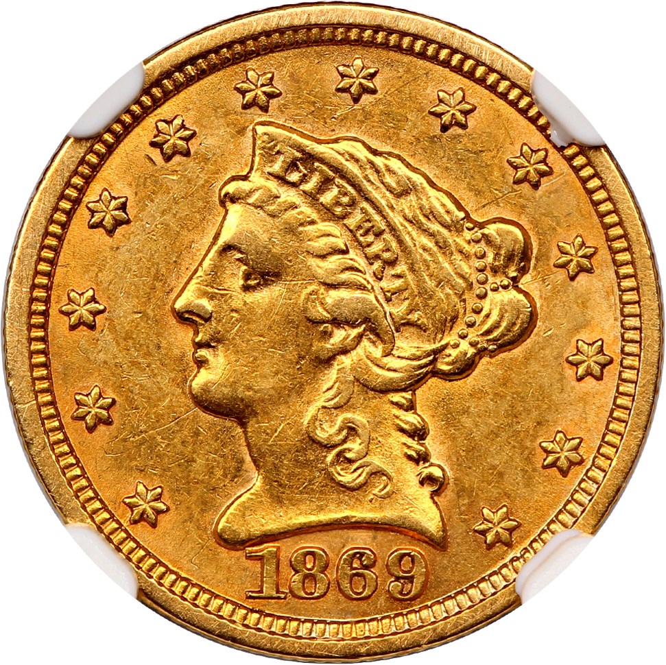 image for: 1869-S 2 1/2 NGC/CAC AU58