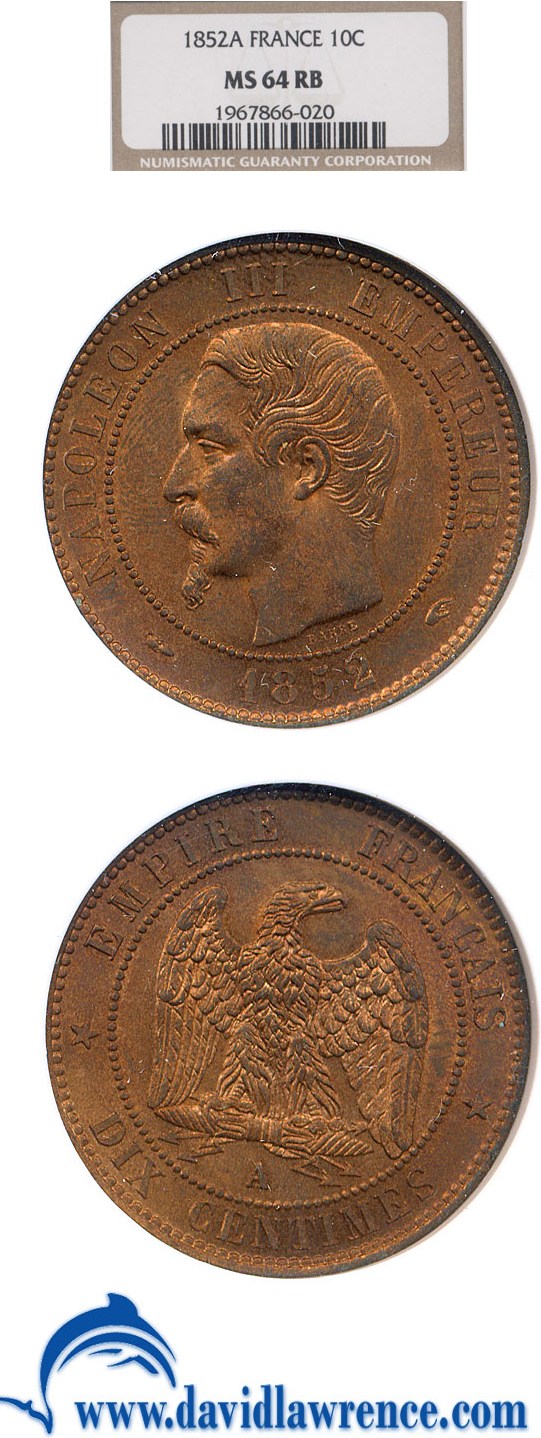 image for: France: 1852-A 10 Centime  NGC MS64 RB