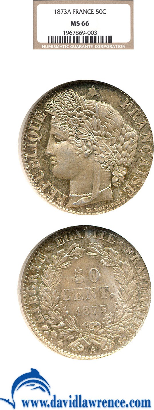image for: France: 1873-A 50 Centime  NGC MS66   