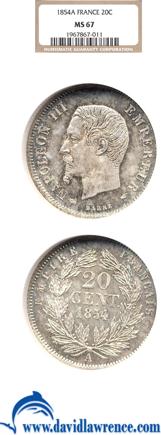 image for: France: 1854-A 20 Centime  NGC MS67   