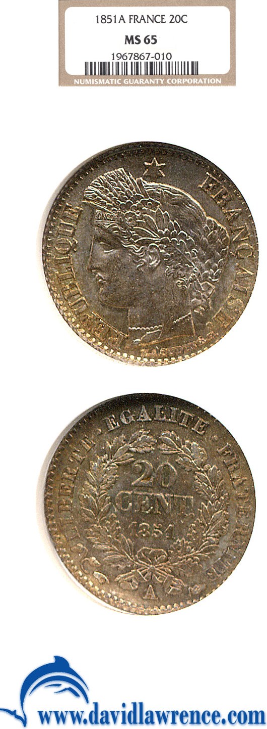 image for: France: 1851-A 20 Centime  NGC MS65   