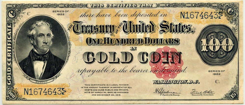 1922 One Hundred Dollars Gold Certificates Large Greensheet