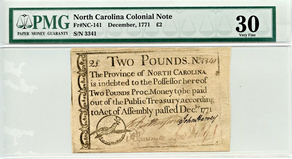 image for: FR. NC-141 December 1771 2 Pound North Carolina Colonial Note PMG VF30