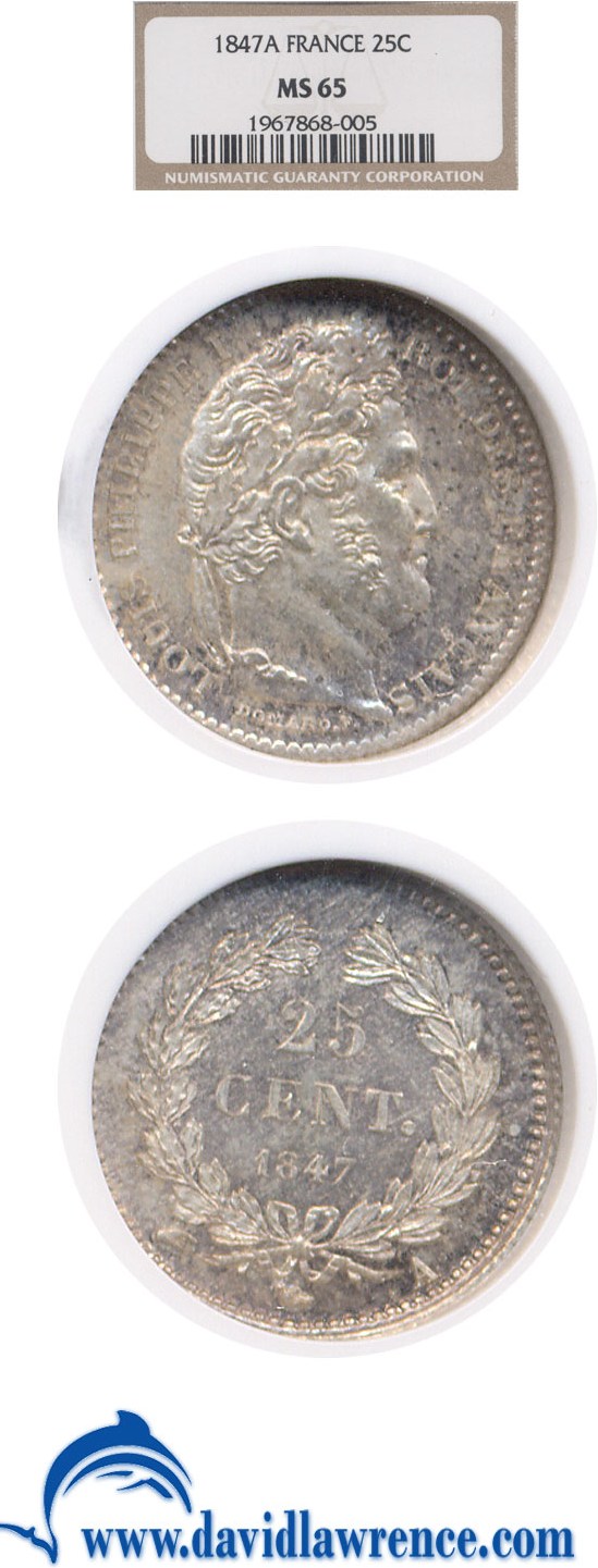image for: France: 1847-A 25 Centime  NGC MS65   