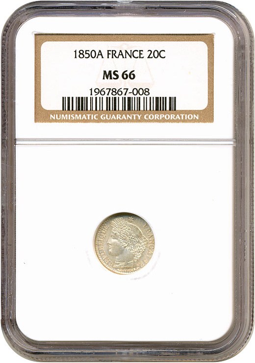 image for: France: 1850-A 20 Centime  NGC MS66   