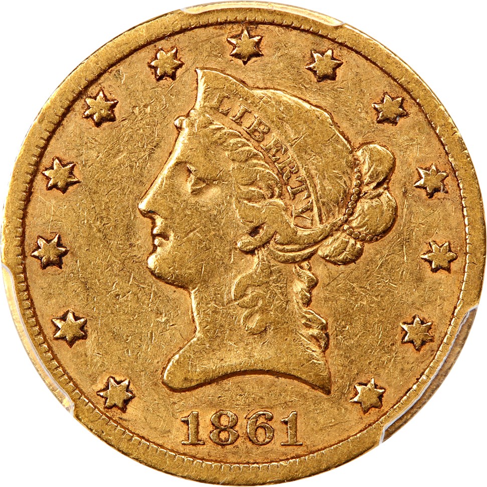 image for: 1861-S $10 PCGS/CAC VF30