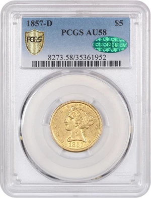 image for: 1857-D $5 PCGS/CAC AU58