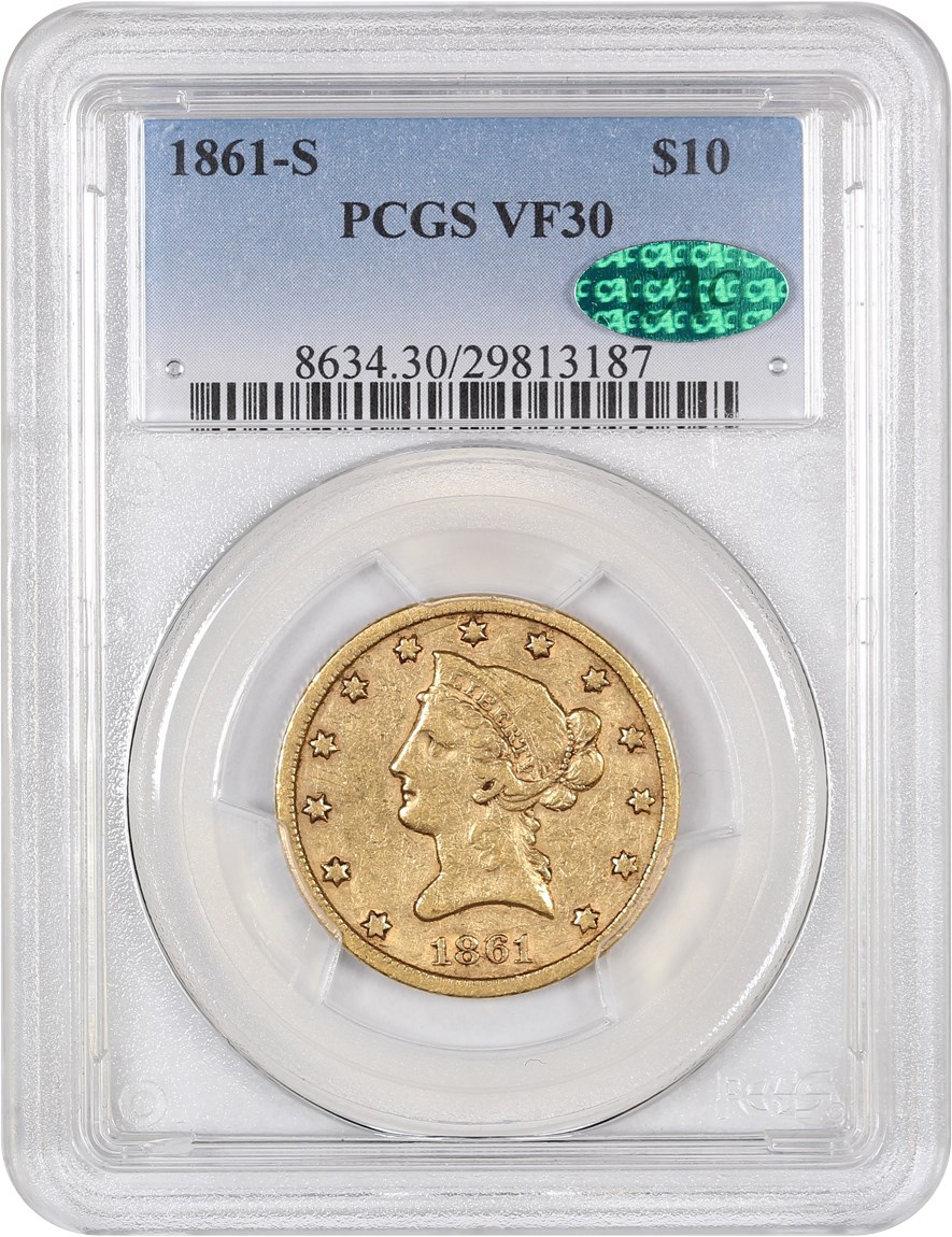 image for: 1861-S $10 PCGS/CAC VF30