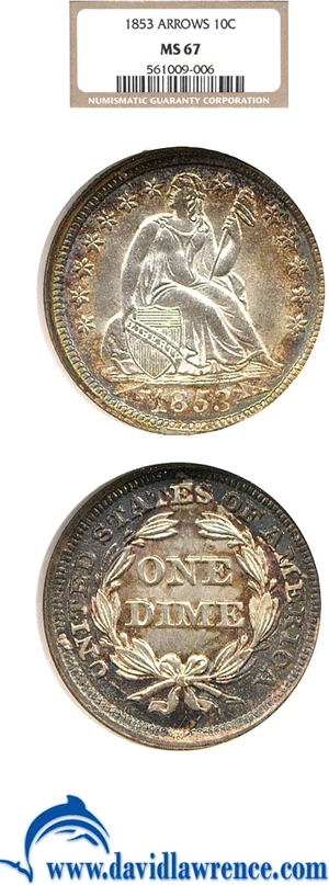 image for: 1853 10c Arrows NGC MS67 ** Color **