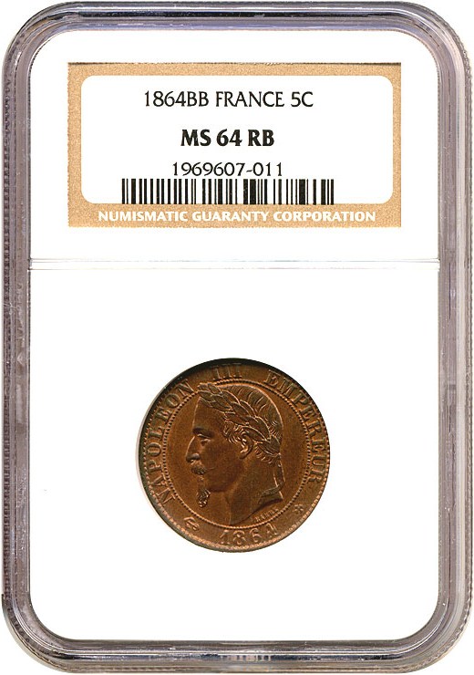 image for: France: 1864-BB 5 Centime  NGC MS64 RB