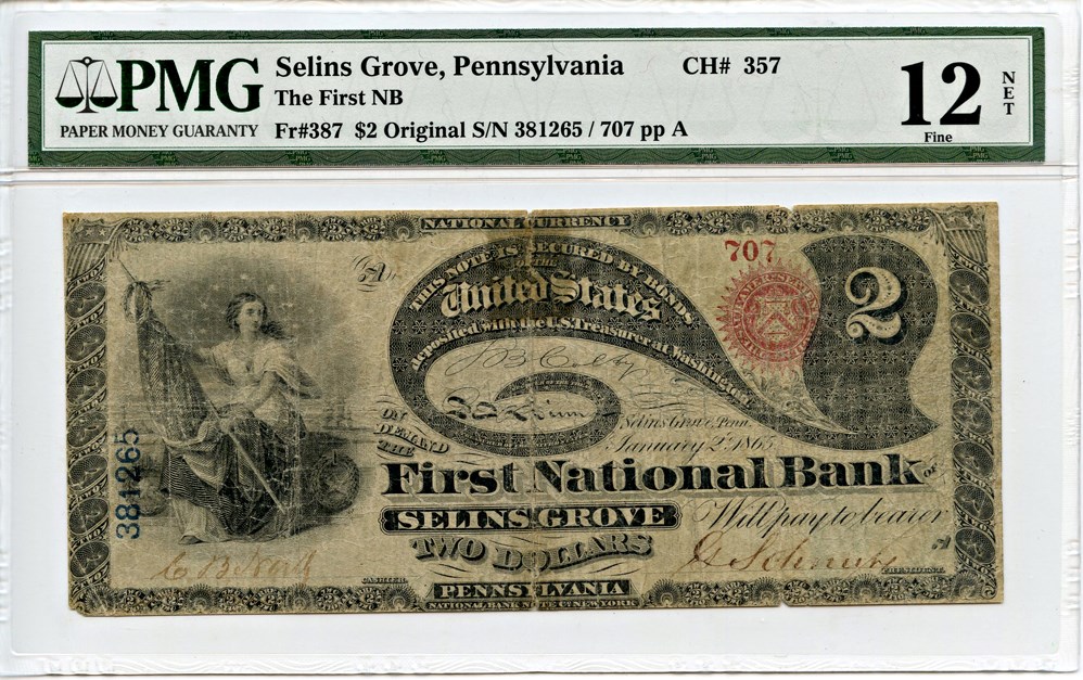 image for: FR. 387 Original 1st Charter Period $2 Selins Gove, PA PMG Net Fine 12 (Tape Repairs)