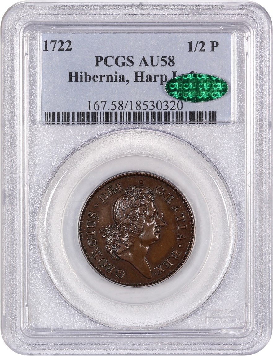 image for: 1722 Hibernia 1/2 P PCGS/CAC AU58 (Harp Left)