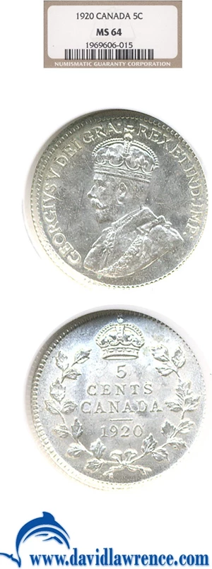image for: Canada: 1920 5C NGC MS64