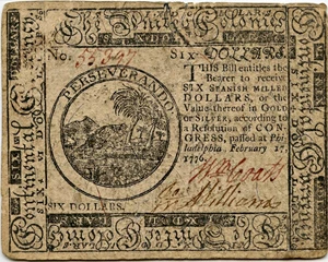 image for: FR. CC28 Feb. 17, 1776 $6 Continental Currency PMG Choice Extremely Fine 40
