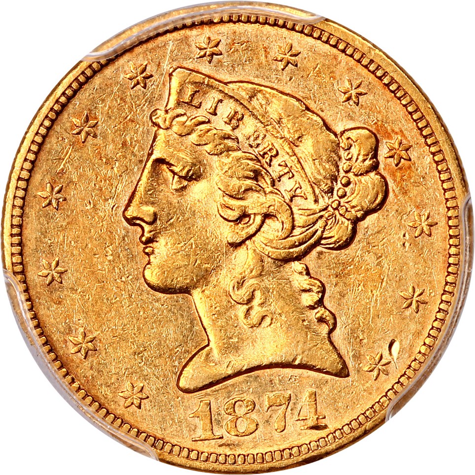 image for: 1874-S $5 PCGS AU50