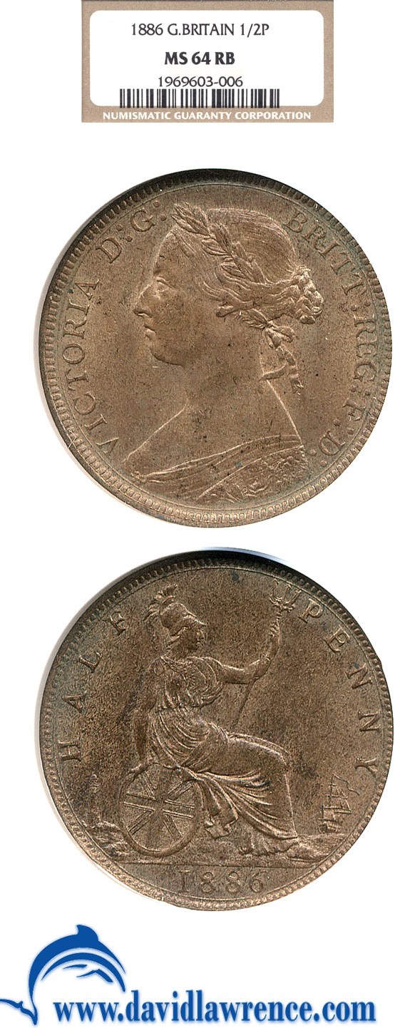 image for: Great Britain: 1886 1/2 D  NGC MS64 RB