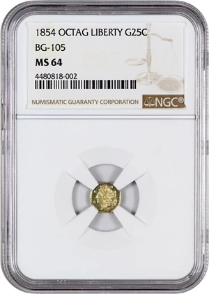 image for: 1854 Cal. Gold 25c NGC MS64 (BG-105)