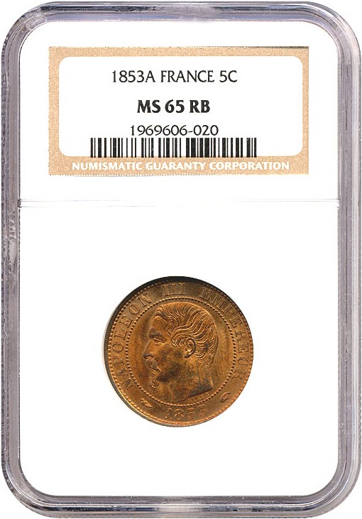 image for: France: 1853-A 5 Centime  NGC MS65 RB (KM-777.1)