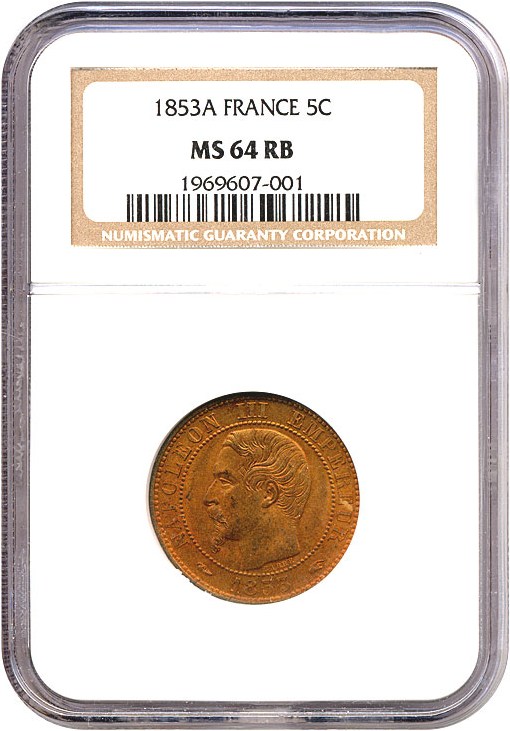 image for: France: 1853-A 5 Centime  NGC MS64 RB (KM-777.1)