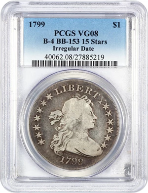 image for: 1799 $1 PCGS VG-08 (Irregular Date, 15 Stars)