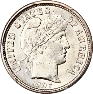 image for: 1907-D 10c PCGS MS65