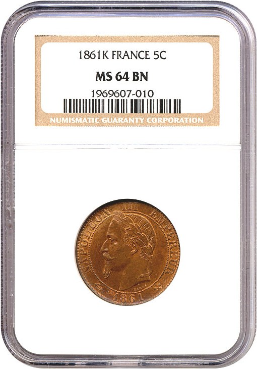 image for: France: 1861-K 5 Centime  NGC MS64 BN (KM-797.3)